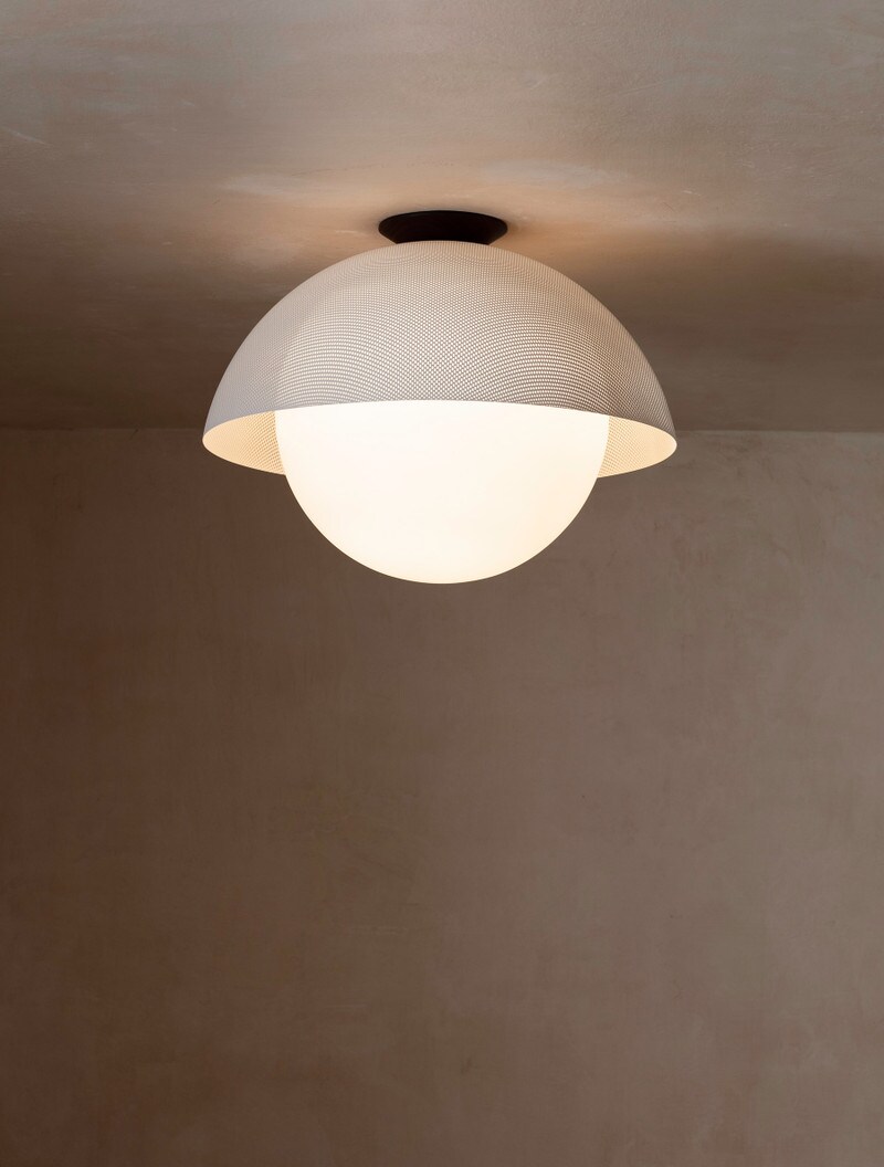 Flush Dome 20" Perforated shown in Matte White, Blackened Ash, Opal Globe